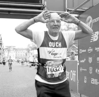 John Starbrook, 93-year-old marathon runner and athlete at race finish line
